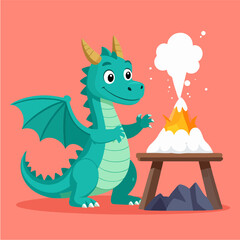 Fototapeta premium Cute cartoon dragon standing next to a table with a miniature volcano erupting, suitable for children's books, educational materials, or fantasy-themed designs.