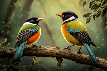 Two birds perched on a thin branch against a softly blurred background. Birds with captivating colors.