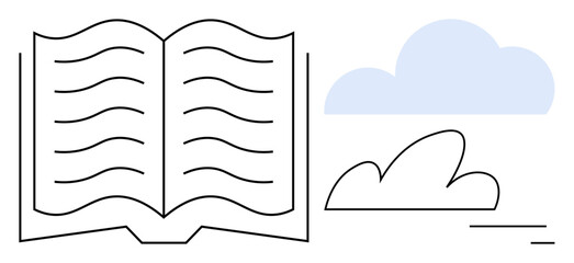 Open book with flowing lines representing text alongside abstract clouds. Ideal for education, reading, storytelling, creativity, learning, literature, simple landing page