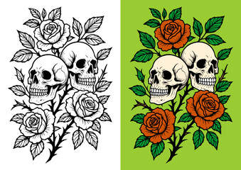 Rose and Skull Composition in Bold Line Art
