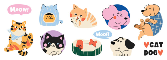 Fototapeta na wymiar Cat and Dog Cartoon Vector Set. Hand drawn cute and playful pets with speech bubbles and cozy poses for stickers, greeting cards, kids designs, and pet-themed clipart.