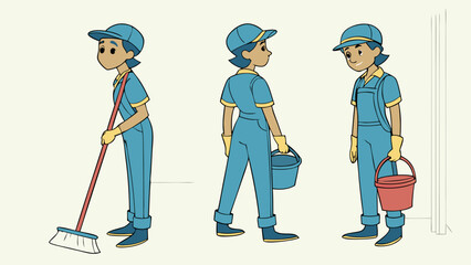 Illustration of a Female Cleaning Worker in Blue Uniform Engaged in Various