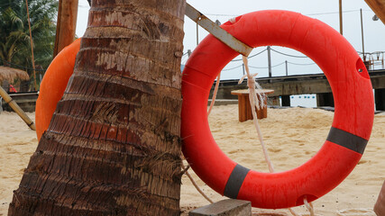 Orange life jackets as swimming aids, rubber rings for swimming at rental shops. Black rubber rings...