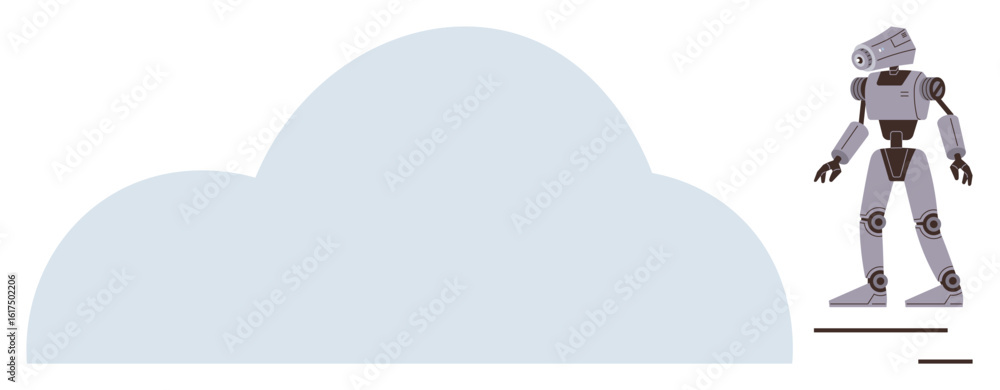 Poster humanoid robot with mechanical details facing a large cloud shape. ideal for themes of ai, robotics,