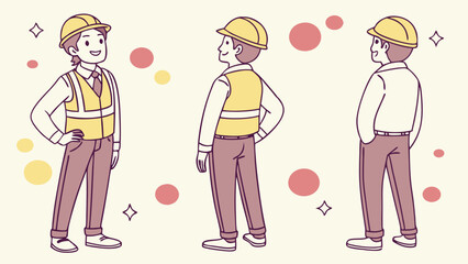 Illustration of a Construction Worker in Safety Gear Posing from Multiple