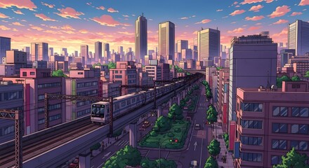 Obraz premium Vibrant Retro Anime Cityscape With Elevated Train at Sunset