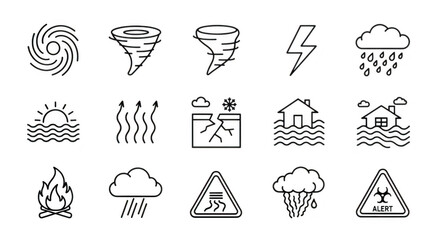 A collection of icons representing various natural disasters and weather phenomena isolated on transparent background