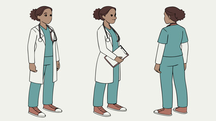Medical Professional Illustration of Female Doctor in Various Poses and Angles