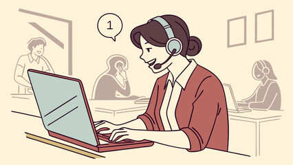 Professional Woman Smiling While Using a Laptop with Headset in an Office
