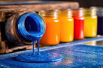 Deep blue paint pouring from a jar onto a wooden surface, alongside jars of other vibrant colors