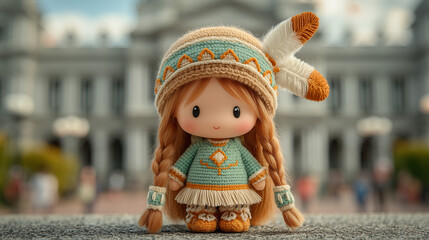 chibi girl in Native American-inspired fringed dress with feather headband
