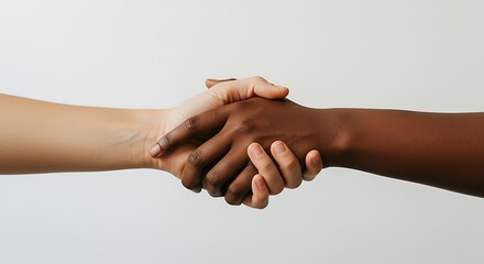 A close-up of a multiracial handshake symbolizing unity, partnership, and equality against a white background.
