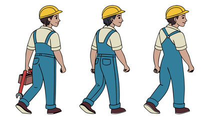 Male Construction Worker in Yellow Safety Helmet and Blue Overalls Walking with