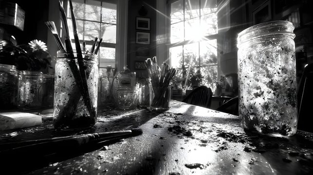 Sunlit paintbrushes in used mason jars on a cluttered  table.