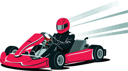 A stylized vector illustration of a vibrant red go-kart with a driver in a racing suit and helmet, depicted at high speed with motion lines.