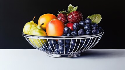 Colorful fruit in a decorative metal bowl.