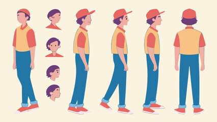 Stylized Young Male Character Walking in Colorful Outfit with Cap and Detailed