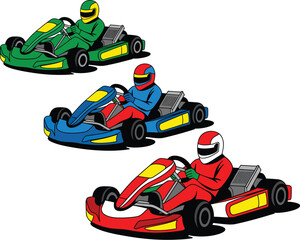 Vector Illustration of Three Go-Karts with Drivers in Racing Suits