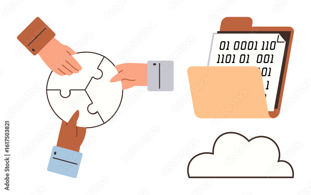 Poster hands assembling puzzle pieces symbolizing teamwork, digital folder with binary code for data, and c