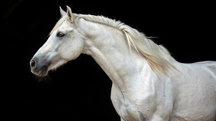 Elegant White Horse Profile, Dramatic Black Background, Equestrian Art, Noble Stature