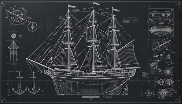 Detailed blueprint of a classic sailing ship with technical specifications
