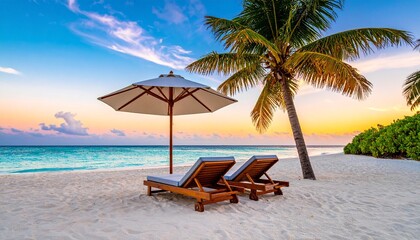 A Twin Loungers Beneath White Canopy in a Palm Framed Horizon of Tranquil Warmth