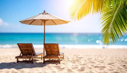 Twin Loungers Beneath White Canopy in a Palm Framed Horizon of Tranquil Warmth