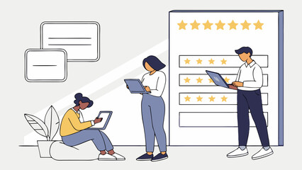 Team of Professionals Collaborating and Analyzing Feedback in Modern Office