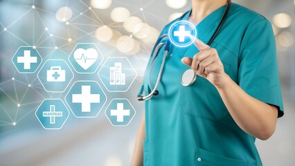 A doctor in green scrubs touching a plus sign icon with medical icons floating around them on a blurred background