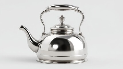 A single, ultra sharp 4K photorealistic image of a polished stainless steel stovetop tea kettle, clean and pristine, perfectly isolated on a pure white background. Studio lighting, sharp focus on the