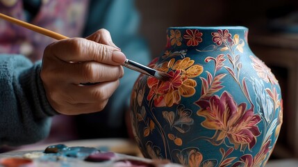 Senior woman painting a vibrant pot intricate floral designs at art studio, Detail of hand and pencils, senior woman painting ceramic vase Cinematic
