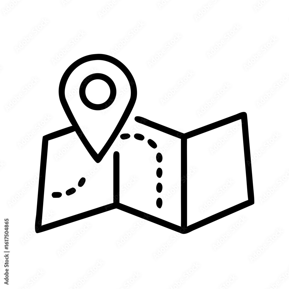 Poster a simple line drawing of a folded map with a location pin and a dotted line indicating a route shown