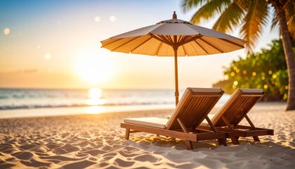 A Twin Loungers Beneath White Canopy in a Palm Framed Horizon of Tranquil Warmth
