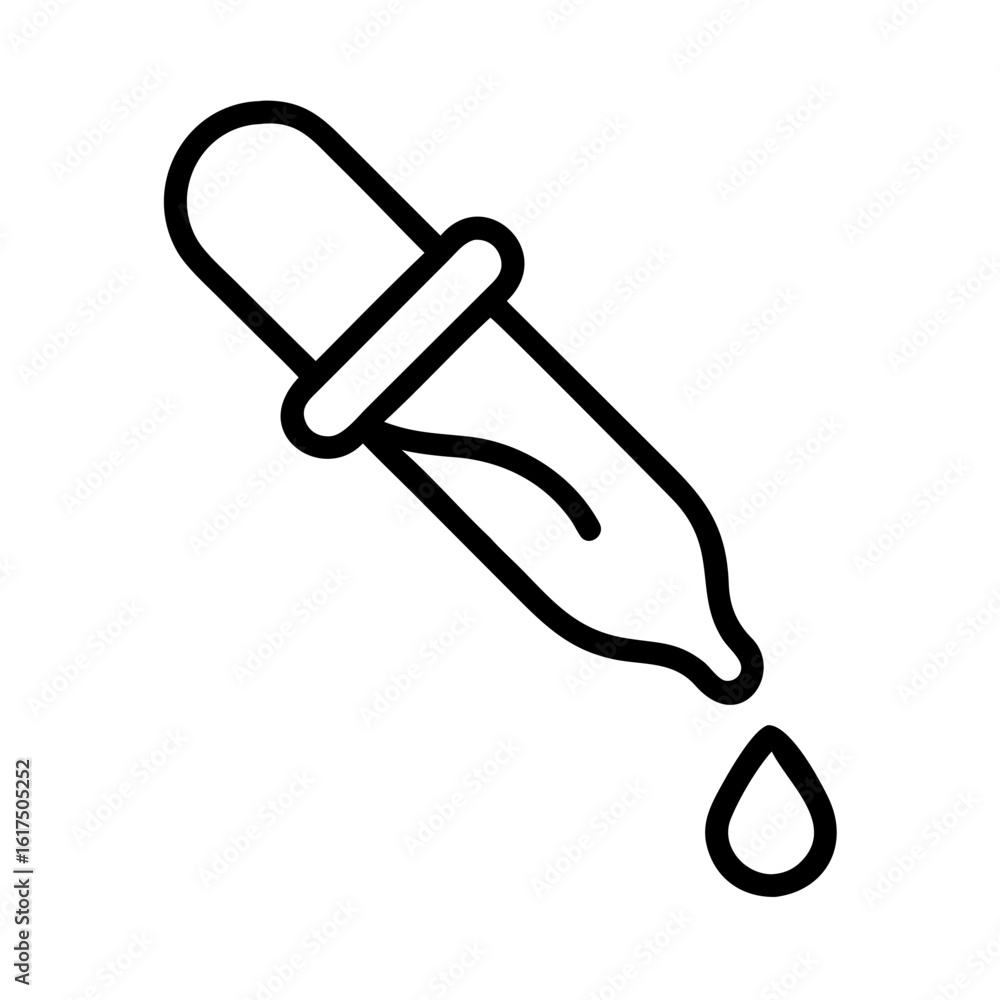 Aufkleber illustration of a dropper with a drop falling from it in black outline on a white background vector 