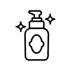 Outline drawing of a dispenser bottle with a pump and a label, surrounded by star shaped sparkles around it