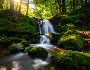 Forest waterfall flowing over mossy rocks