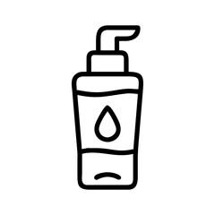 Illustration of a pump bottle with a drop symbol for lotion or soap in black outline on a white background