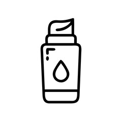 Illustration of a cosmetic bottle with a pump and a water drop symbol in black outline style design