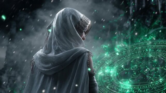 Mysterious Woman in White Hood Casts a Green Spell