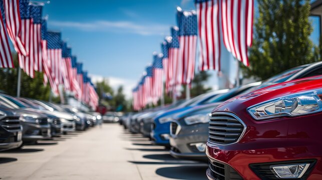 Labor Day car dealership sale with flags and banners
