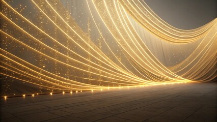 Elegant Golden Drape with Sparkling Lights on Dark Wood Floor: Luxurious, Festive Background