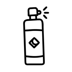 Aerosol spray can with a square label and a nozzle emitting spray in a black and white line drawing style