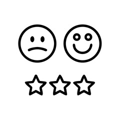 Illustration of a sad face, a happy face, and three stars in a row on a white background design