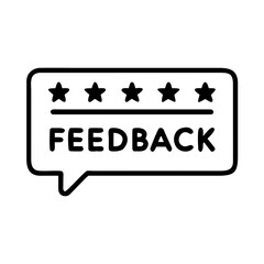 Feedback speech bubble with five stars and a line above the feedback text in black and white style