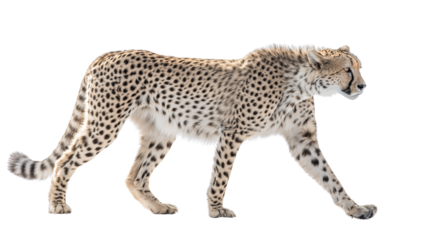 Agile cheetah frozen in mid-step from side view, sharp spot patterns, lithe muscles, real look, full view, on white background, 4k, unique, no blur, clear view