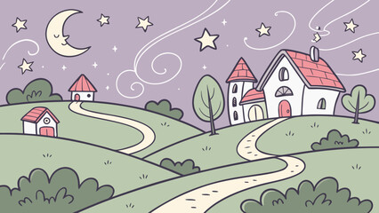 Cute cartoon landscape illustration of houses on hills under a night sky with moon and stars vector art