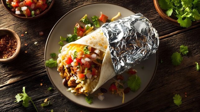 Chipotle burrito on plate with spicy toppings
