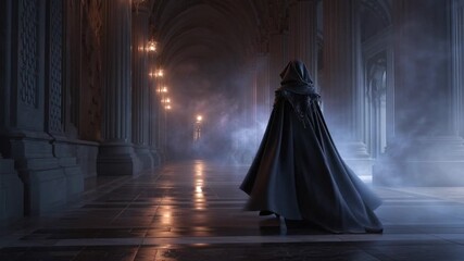 Hooded Figure Walking Down a Long Stone Hallway - Powered by Adobe