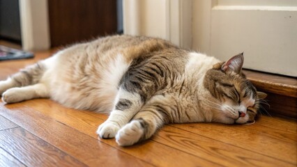 Peaceful tabby cat napping on hardwood floor, serene domestic pet image.