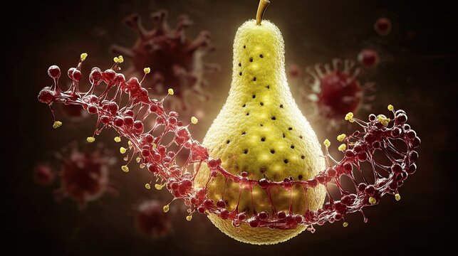 Pear with intricate dna strands and viruses.